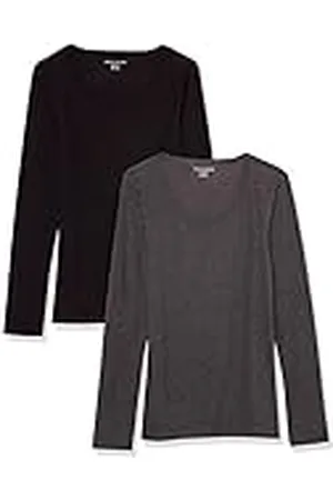 Amazon Jersey Ajustado Acanalado con Cuello Redondo (Disponible en Tallas Grandes) Mujer, Pack de 2, , S