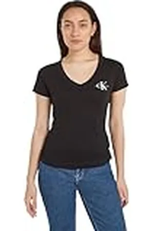 Calvin Klein Jeans Camiseta de manga corta Pack de 2 Mujer 2-Pack Monologo V-Neck Tee cuello de pico, Negro, S