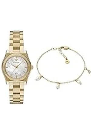 Emporio Armani Mujer Reloj de Acero Inoxidable Dorado y Pulsera de Latón, Set