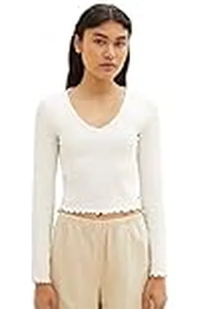 TOM TAILOR TOM TAILOR Camisa cropped de mujer vaquera de manga larga con estructura acanalada, , XXXL