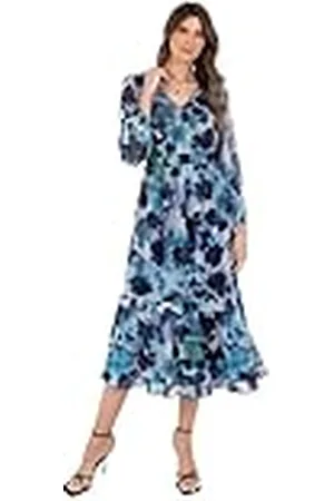 Lovedrobe Vestido Midaxi para Mujer, Manga Larga de Globo, Cuello en V, Volantes escalonados, Estampado Floral Abstracto, línea A, Cintura elástica, , 42