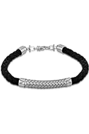 Amazon Sterling Silver Rhodium Plated Black Leather and Satin Herringbone Bracelet 21.5cm/8.5"