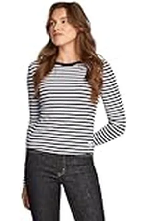 Calvin Klein Camiseta de Manga Corta Mujer Woven Rib Long Sleeve con Cuello Redondo, Multicolor (Ck Black / Bright White Stripe), XXS