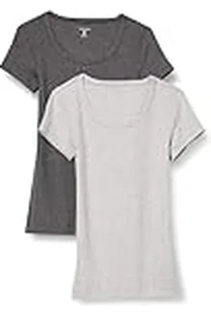 Amazon Camiseta Entallada con Cuello Redondo y Mangas Casquillo Mujer, Pack de 2, , XS