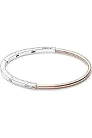 PANDORA Signature Pulsera rígida I-D con engarce pavé en 2 tonos, de plata de ley y chapada en oro rosa de 14 quilates con circonitas cúbicas transparentes, 3