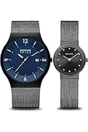 Bering Mujer Análoga Cuarzo Reloj de Pulsera de colección con Acero Inoxidable Pulsera und Cristal de Zafiro, Negro/Gris & Hombre Análoga Solar Reloj de Pulsera de colección, Negro/Azul