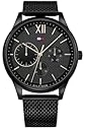 Tommy Hilfiger Reloj Multifunción de Cuarzo para Hombre de 44 mm - Esfera Negra con Motivo Clou de Paris, Pulsera de Malla de Acero Inoxidable Negra, Resistente al Agua 5ATM - 1791420