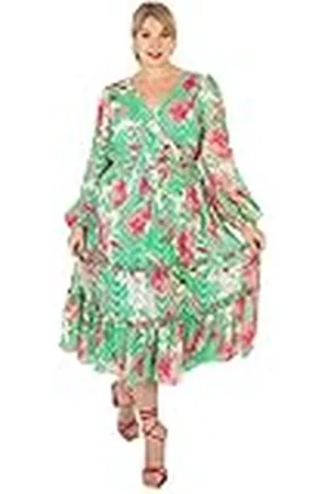 Lovedrobe Plus Size For Womens Ladies Long Sleeve Maxi Dress Abstract Print Bishop Back Hole V-Neckline Faux Wrap Tie Belt Bata, Verde, 54 para Mujer