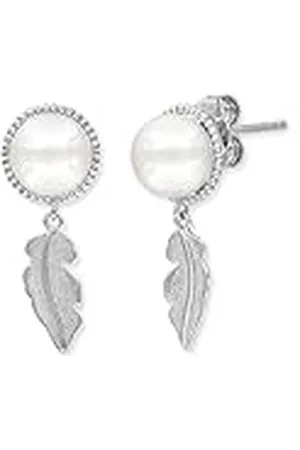 Engelsrufer Pendientes de mujer de de ley con colgante de pluma plateada y dos perlas de concha, cierre de ranura, sin níquel, 10 mm, Ø10 mm, de ley, Perla