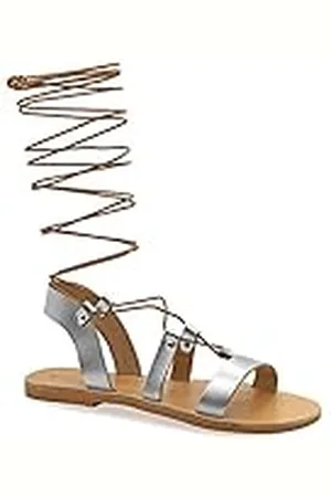 Emmanuela Handcrafted For You Emmanuela Sandalias de cuero estilo griego antiguo hasta la rodilla, hechas a mano con puntera abierta, sandalias de gladiador planas, zapatos de verano de calidad con tiras para mujer,Plateado, 39 EU