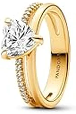 PANDORA Timeless Anillo con diseño de corazón chapado en oro de 14 quilates con circonitas cúbicas transparentes, talla 48
