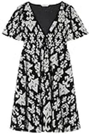 Springfield Vestido Mini Estampado Ikat con Bolitas De Encaje En El Cuello Y Elástico Dentro De La Costura Corto Bicolor, , L para Mujer