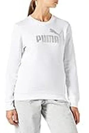 PUMA ESS+ Metallic Logo Crew FL Camiseta, Mujer, Blanco-Plateado metálico, M