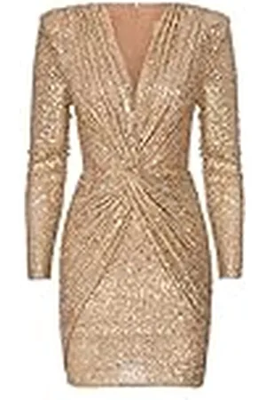 Swing Dolores | (S) Swing Moda Mini Mujer Elegante Festivo Fiesta Noche Novia Corto | Vestido con Lentejuelas | Cuello en V | Manga Larga | Oro | 36 (C)