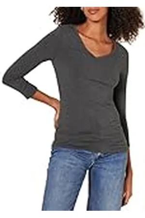 Amazon Camiseta de Cuello en Pico, Manga 3/4 y Ajuste Clásico (Disponible en Tallas Grandes) Mujer, , XS