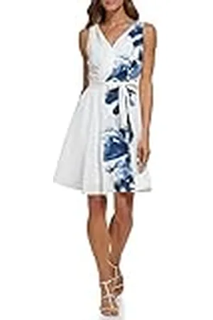DKNY Sleeveless V-Neck Belted Floral Dress Vestido de Coctail, , 44 De Las Mujeres