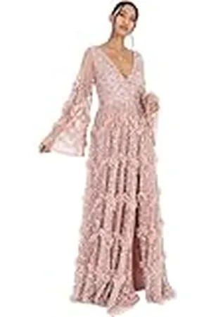 Maya Deluxe Vestido Largo para Mujer, Escote En V, Lentejuelas con Volantes, Cintura Imperio, Abertura para Graduación, , 38