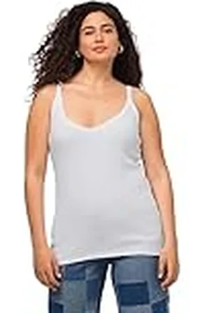 Ulla Popken Camiseta Acanalada Slim Cuello V Sin Mangas Tirantes Estrechos Top, , 56-58 para Mujer