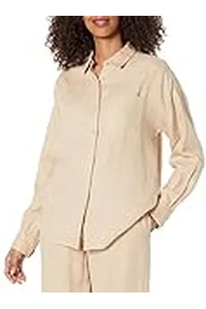 THE DROP Camisa India para mujer, corte holgado, en lino, beige , 5XL Grande