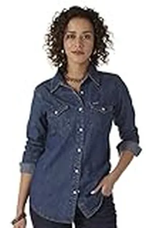 Wrangler Retro Long Sleeve Western Snap Shirt Camisa, Denim Oscuro, L para Mujer
