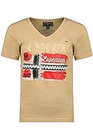 Geographical Norway Jinny Lady Camiseta Cuello V Moda Mujer, Camiseta Moda Regular Fit, Ropa Manga Corta Marca, Primavera Verano Otoño Invierno ( L)