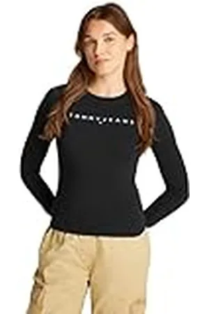 Tommy Hilfiger Tommy Hilfiger Camiseta de Manga Larga Mujer Linear Slim fit, Negro (Black), XL