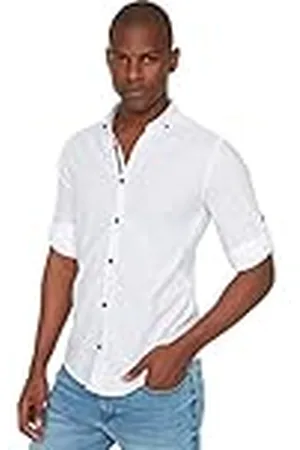 Trendyol Camisa de Manga Larga para Hombre de White Button Revers Apolent Slim Fit Camiseta, , S
