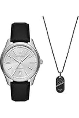 Emporio Armani Reloj de Cuero Negro y Collar de Acero Inoxidable Plateado de Hombre, Set
