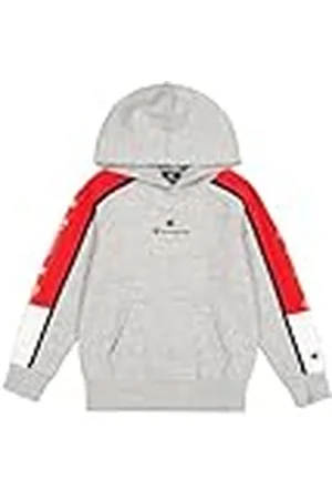 Champion Legacy Retro Sport B (306856) - Sudadera con capucha de forro polar compacta y ultraligera, Gris Melange/Vermilion (NOXM/CRD/NNY), 7-8 años (S) Niños FW24