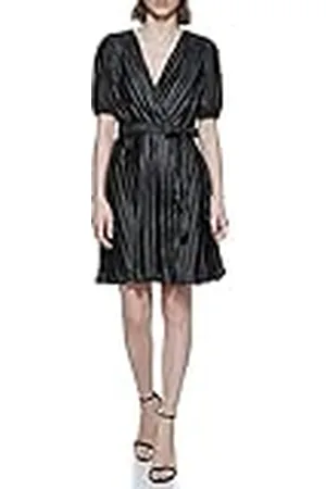 DKNY Puff Sleeve V-Neck Pleated Dress vestiti, , 4 Da Donna