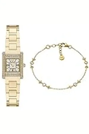 Emporio Armani Mujer Reloj de Acero Inoxidable Dorado y Pulsera de Plata de Ley, Set