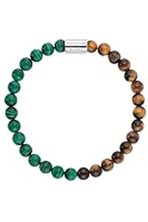 Engelsrufer Pulsera elástica para mujer de plata de ley con 28 perlas de piedras preciosas auténticas de malaquita y ojo de tigre, grabado Protection & Balance, sin níquel, 17 cm, Plata de ley