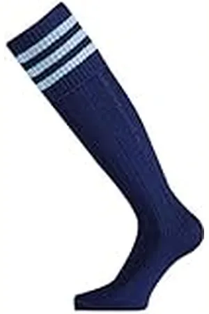 Mitre Mercury Medias de fútbol Juveniles con 3 Tiras, equipación de fútbol, Medias largas Ligeras, Medias Deportivas Transpirables, Talla 30-34, Azul Marino/Celeste