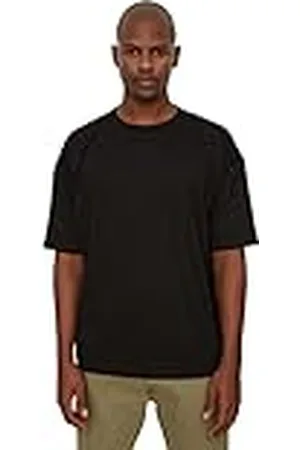 Trendyol MAN Camiseta de Manga Corta de Cuello básico Masculino de Gran tamaño, Schwarz, S para Hombre