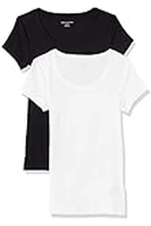 Amazon Camiseta Entallada con Cuello Redondo y Mangas Casquillo Mujer, Pack de 2, , L