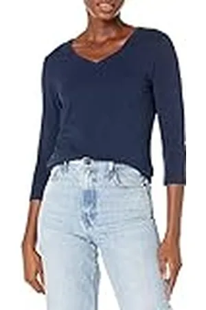 Amazon Camiseta de Cuello en Pico, Manga 3/4 y Ajuste Clásico (Disponible en Tallas Grandes) Mujer, , XS