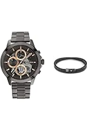Tommy Hilfiger Reloj Analógico de Cuarzo multifunción para Hombre con Correa en Acero Inoxidable Gris Oscuro - 1710479 + Pulsera para Hombre de Piel Negro - 2790262S