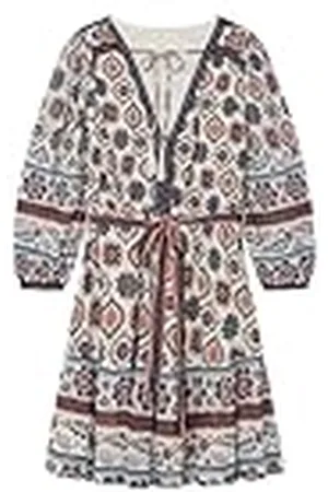 Springfield Mini Vestido con Mangas largas con Volumen, Banda elástica Alrededor de la Cintura y Abertura Real con pequeños Botones Corto cinturón Motivos geométricos, , XS para Mujer