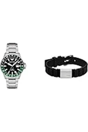 Emporio Armani Reloj Hombre de Acero Inoxidable Plata y Pulsera Silicona Negra, Set