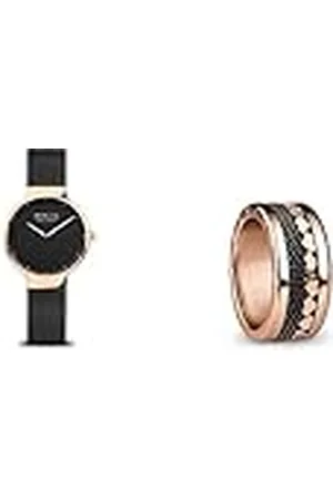 Bering Unisex Análoga Cuarzo Reloj de Pulsera de colección + Anillos Combinados Intercambiables para Mujer en Oro Rosa y Negro con el Exclusivo Sistema Twist & Change, Yangtze