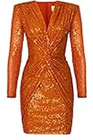 Swing Dolores | (L) Swing Moda Mini Mujer Elegante Festivo Fiesta Noche Novia Corto | Vestido con Lentejuelas | Cuello en V | Manga Naranja | 40 (Largo)