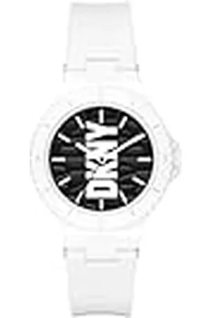 DKNY Reloj para mujer Chambers, movimiento de cuarzo de tres agujas, 36MM Caja de nailon blanco con correa de poliuretano, NY6657