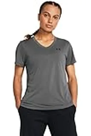 Under Armour Tech SSV Solid Camiseta de manga corta para mujer con cuello de pico, ligera camiseta de deporte, color gris brezo/negro