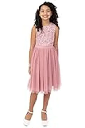 Maya Deluxe Midi Dress for Girls Sequins Embellished Party Tutu Bridesmaids Wedding with Belt Bow Vestido, , 5-6 Años para Niñas