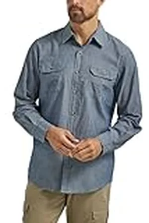 Wrangler Camisa Tejida clásica de Manga Larga Abotonada, Dark Chambray, L para Hombre