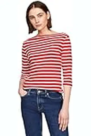 Tommy Hilfiger Camiseta de Manga Larga para Mujer Slim con Cuello Barco, Multicolor (Breton Fierce Red/Ecru), XXS