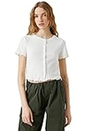 Koton Crew Neck Short Sleeve Cotton Button Detail Crop T-Shirt Camiseta, , M para Mujer
