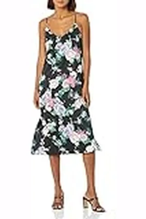 THE DROP Ana Silky vestido de cuello en V Midi Slip para Mujer, Estampado floral negro, 5XL Grande