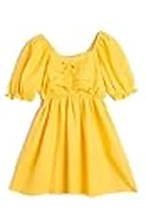 Koton Linen Dress Short Puff Sleeve Front Shirred Square Neck Vestido, , 5-6 Años para Niñas