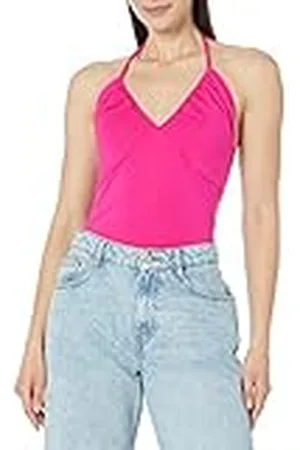THE DROP Top básico Eshika para mujer, sin mangas, cuello halter, color rosa chillón, 4XL Grande (talla grande)